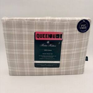 Brooks Brothers Queen Sheet Set 100 Cotton Plaid Tan White